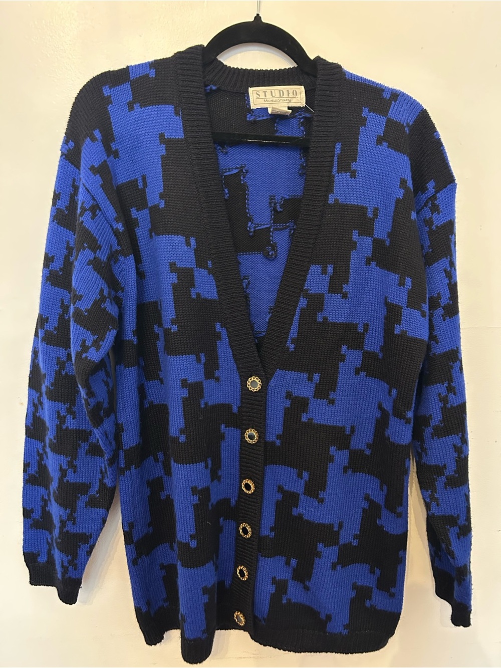 Michelle Stuart Vintage Studio Blue & Black Graphic Knit Cardigan Sweater